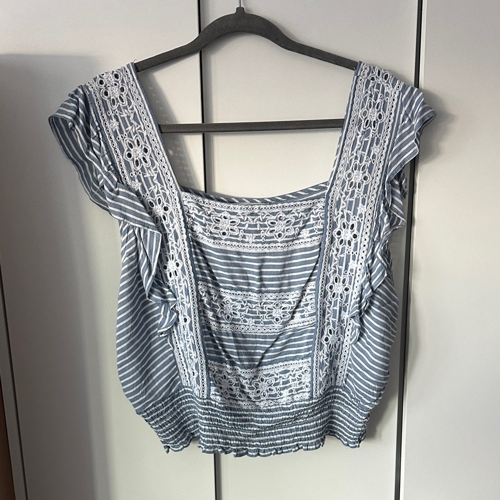 AE American Eagle Blue Striped Lace Detail Women's Top